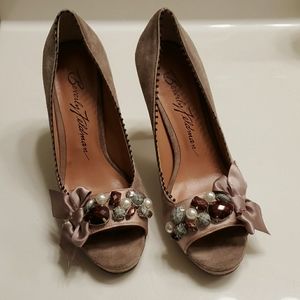 Taupe suede open toe pumps